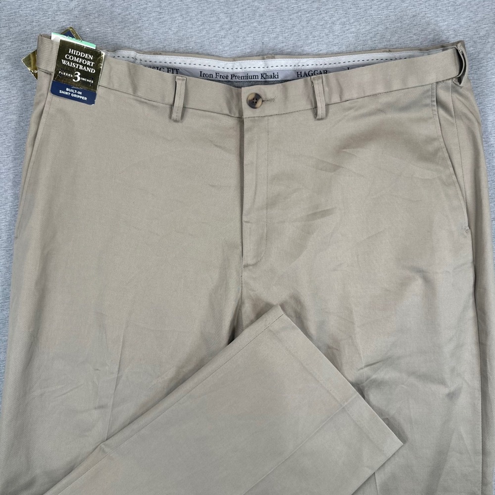 Haggar Pants Mens 34x29 (42x29) Iron Free Premium Khaki Classic Fit Stretch NEW